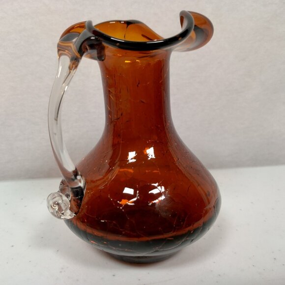 Crackle Glass Pitcher Brown Small Clear Handle Vase Collectible Art 3.75" Tall - Picture 5 of 15
